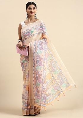 Peach Digital Print Linen Saree set