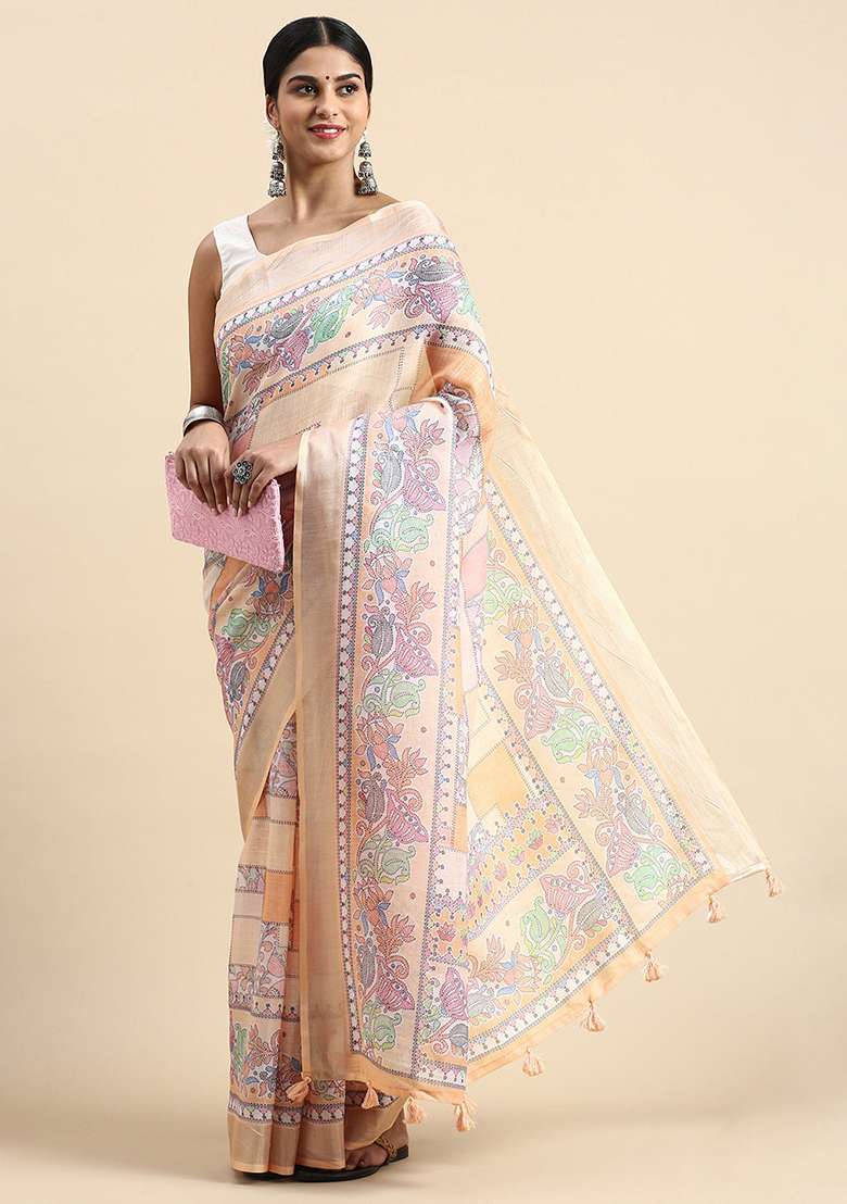 Peach Digital Print Linen Saree set for Diwali and Festive Wear - Indya