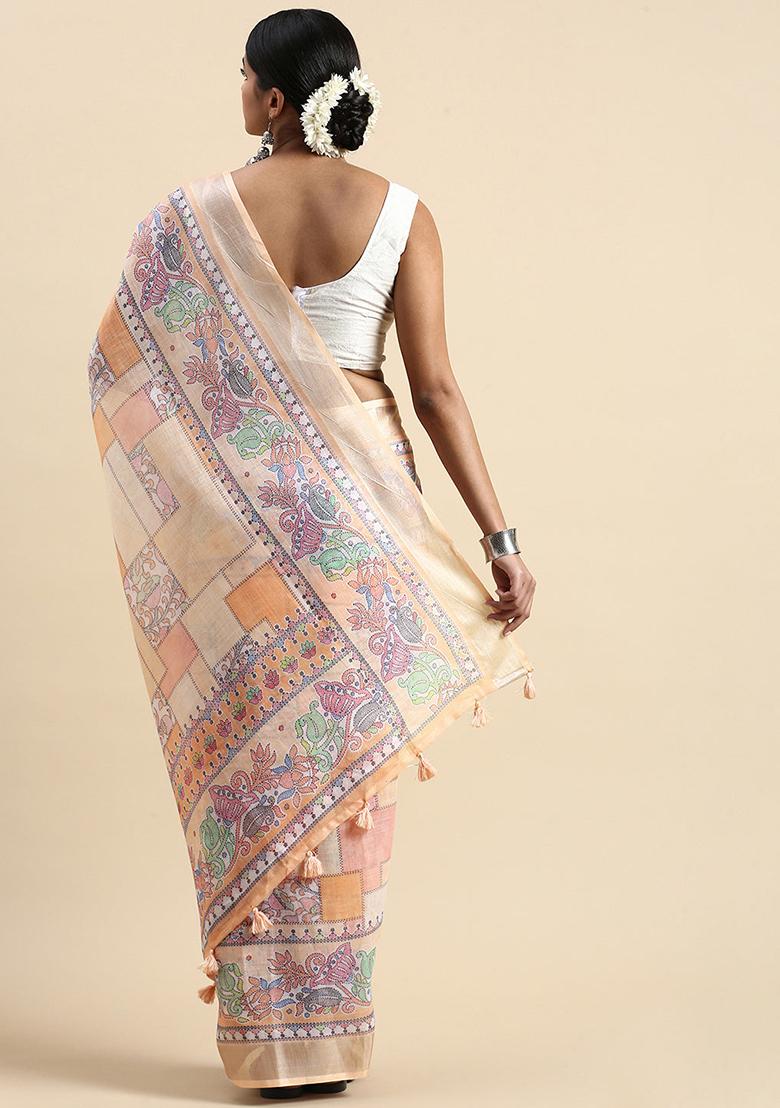 Peach Digital Print Linen Saree set