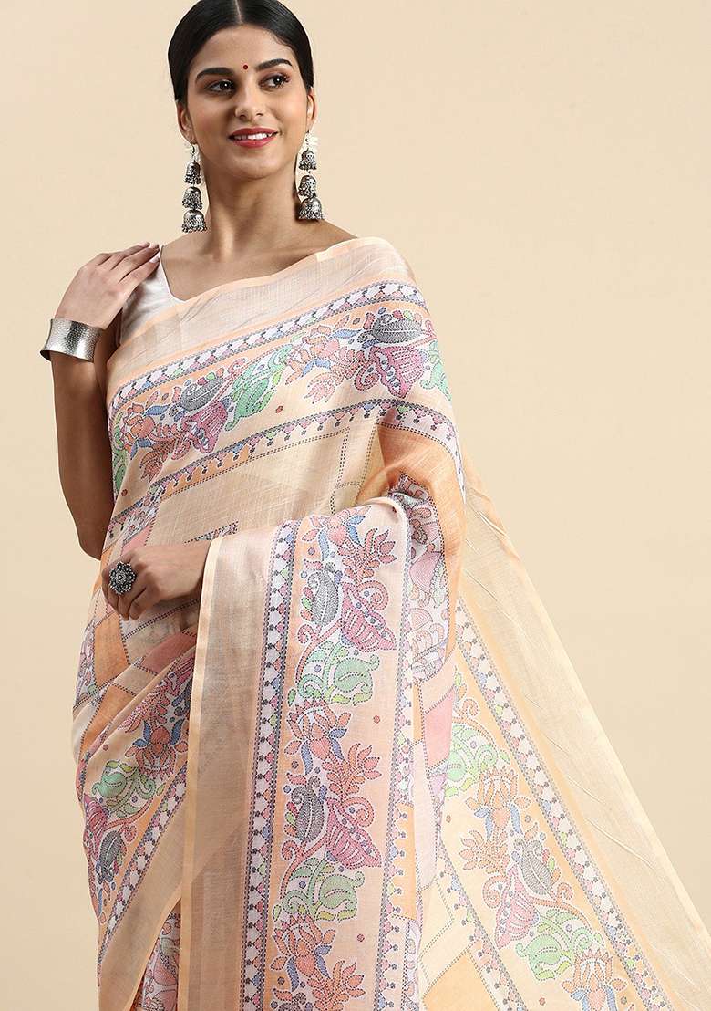 Peach Digital Print Linen Saree set for Diwali and Festive Wear - Indya