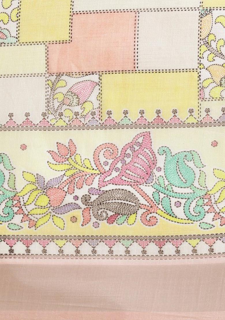 Pink Digital Print Linen Saree set