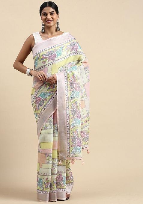 Pink Digital Print Linen Saree set