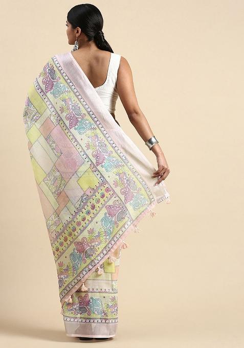 Pink Digital Print Linen Saree set