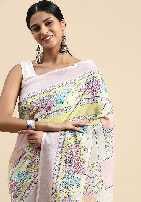 Pink Digital Print Linen Saree set