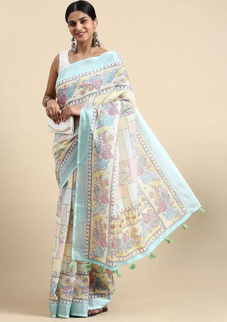 Sky Blue Linen Saree set with Digital Print for Diwali | Wedding & Festive Wear - Indya
