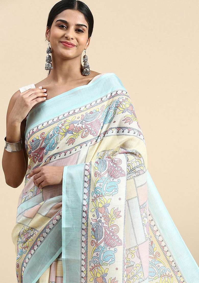 Sky Blue Linen Saree set with Digital Print for Diwali | Wedding & Festive Wear - Indya