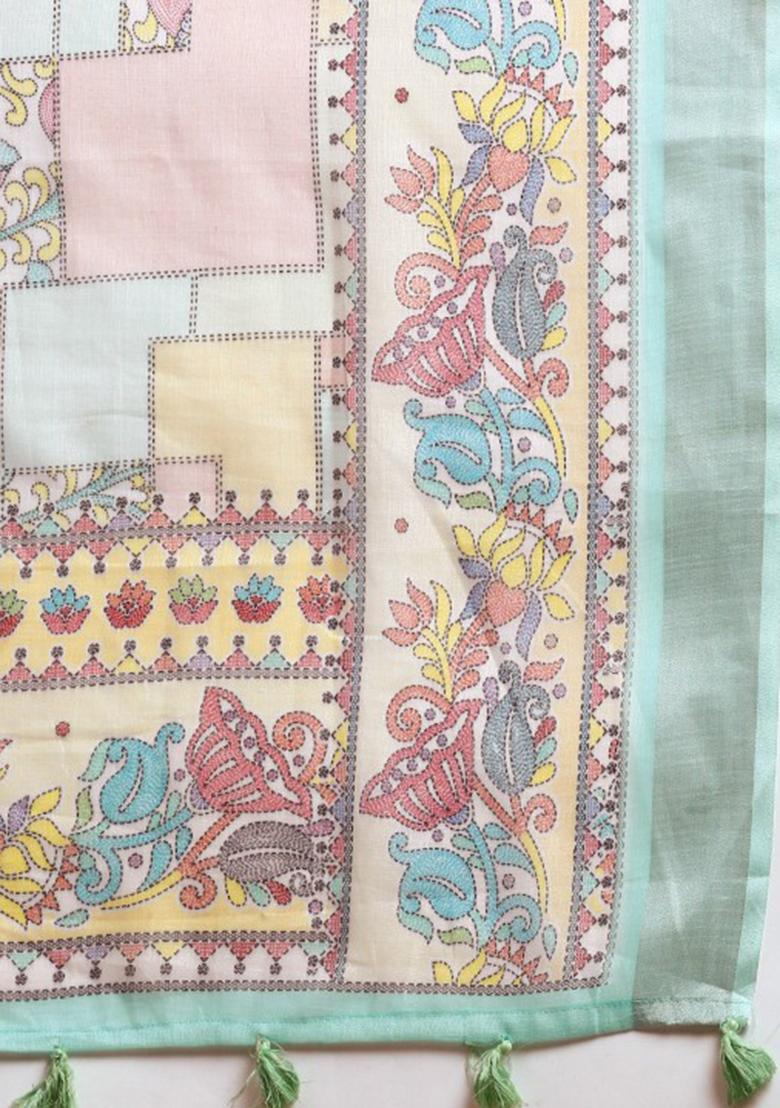 Sky Blue Digital Print Linen Saree set