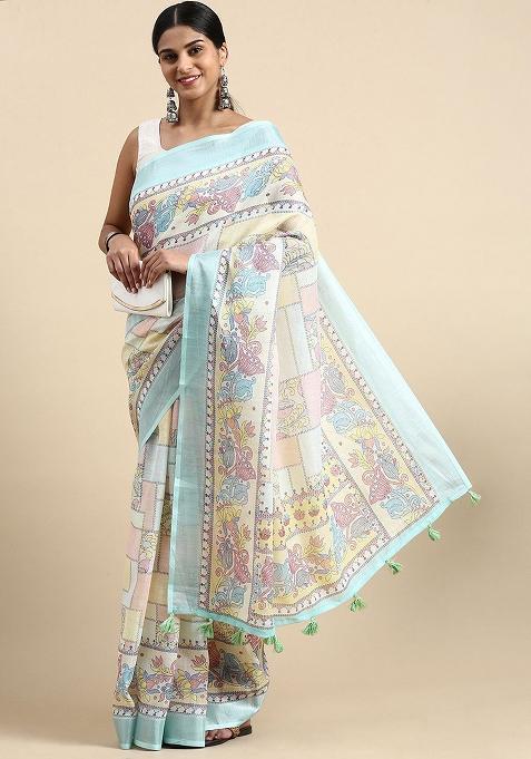 Sky Blue Digital Print Linen Saree set