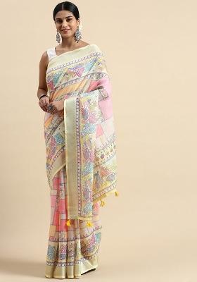 Yellow Digital Print Linen Saree set