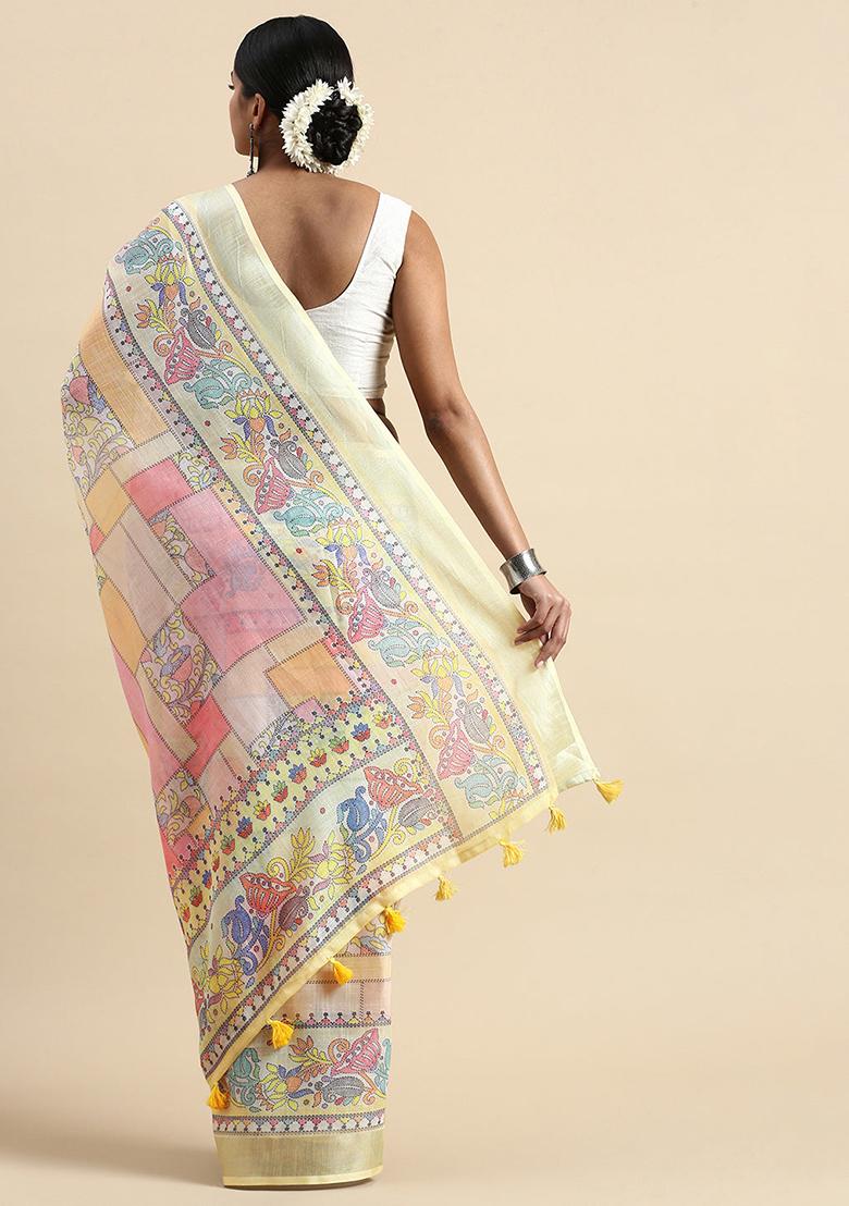 Yellow Digital Print Linen Saree set