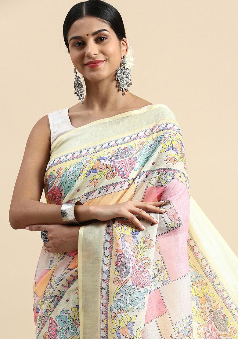 Yellow Digital Print Linen Saree set