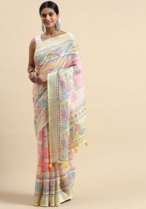 Yellow Digital Print Linen Saree set