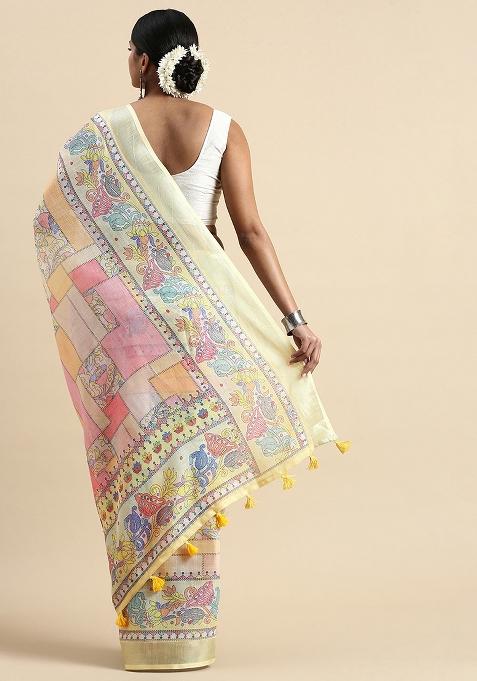 Yellow Digital Print Linen Saree set