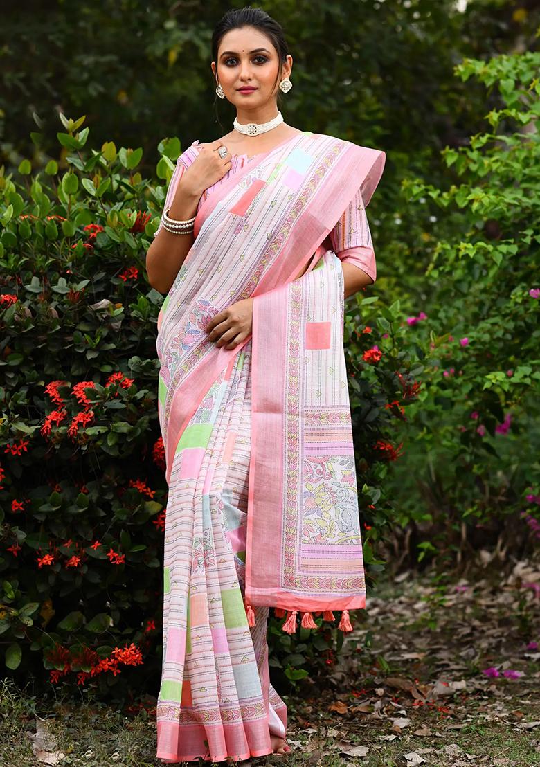 Pink Digital Print Linen Saree set