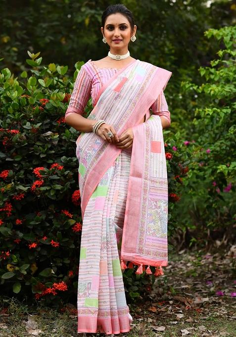 Pink Digital Print Linen Saree set