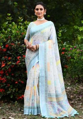 Sky Blue Digital Print Linen Saree set