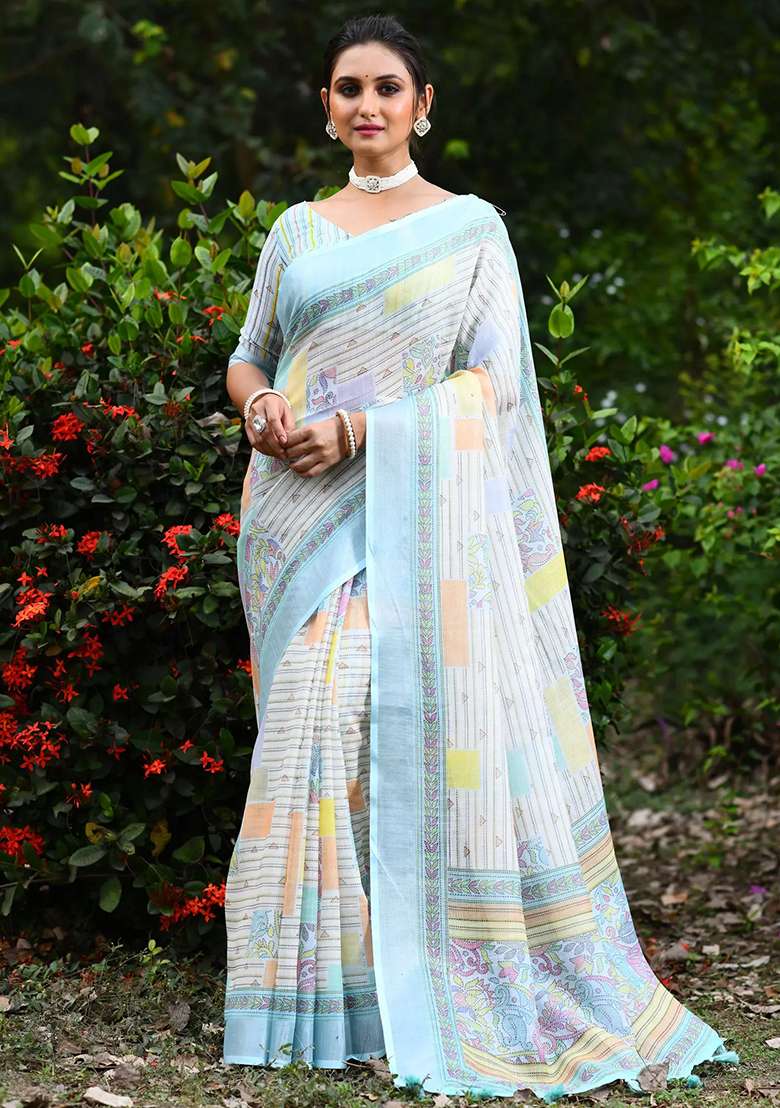 Sky Blue Linen Saree set with Digital Print for Diwali | Wedding & Festive Wear - Indya