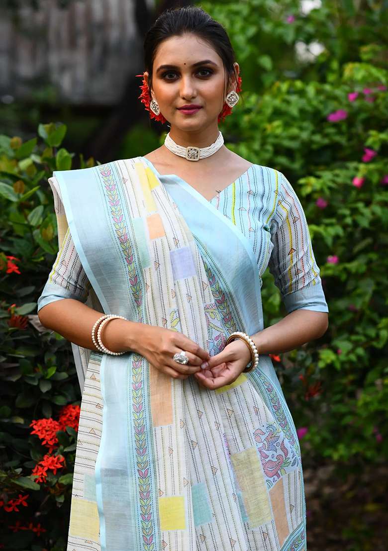 Sky Blue Linen Saree set with Digital Print for Diwali | Wedding & Festive Wear - Indya
