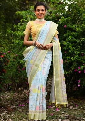 Lemon Green Digital Print Linen Saree set