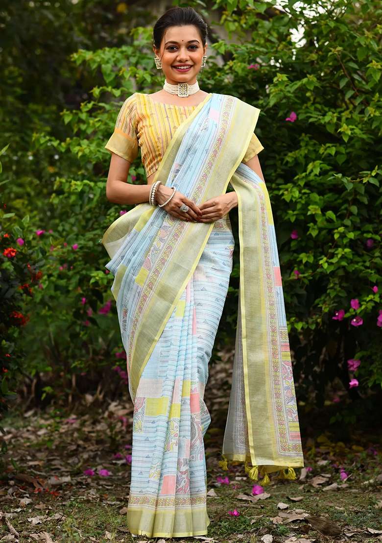 Lemon Green Digital Print Linen Saree set for Diwali and Festive Wear - Indya