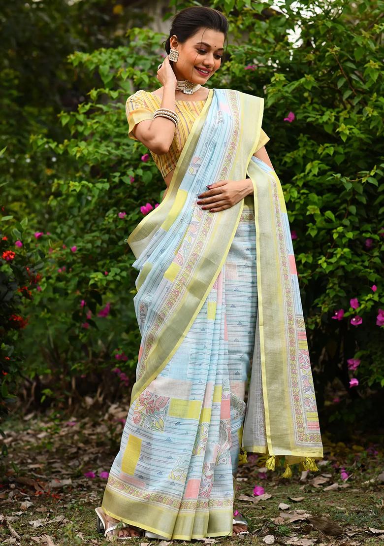 Lemon Green Digital Print Linen Saree set