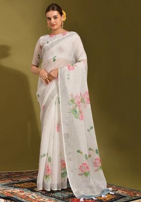 White Digital Print Linen Saree set
