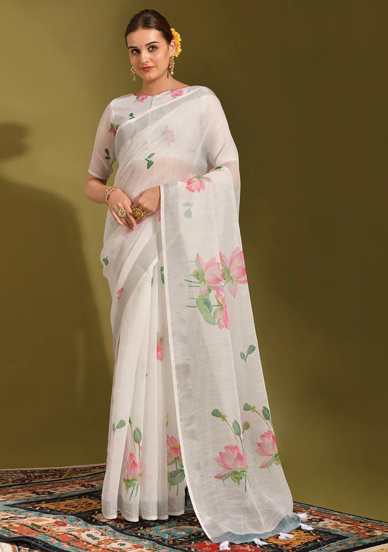 White Digital Print Linen Saree set