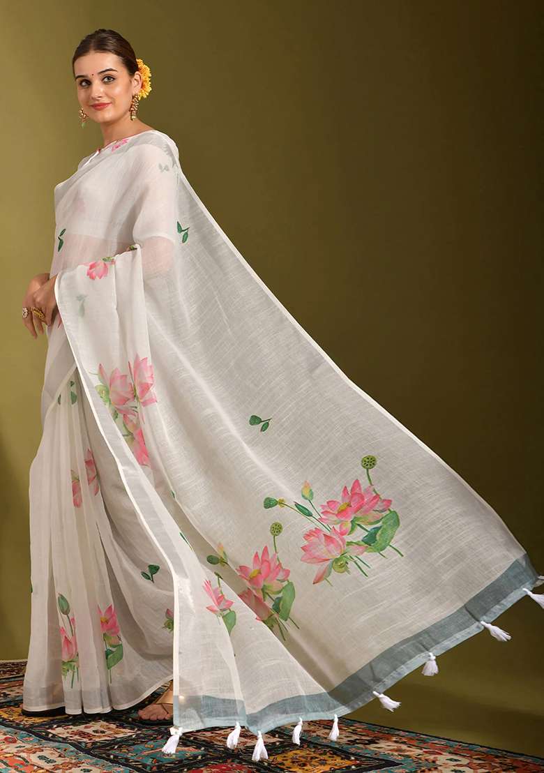 White Digital Print Linen Saree set for Diwali and Festive Wear - Indya