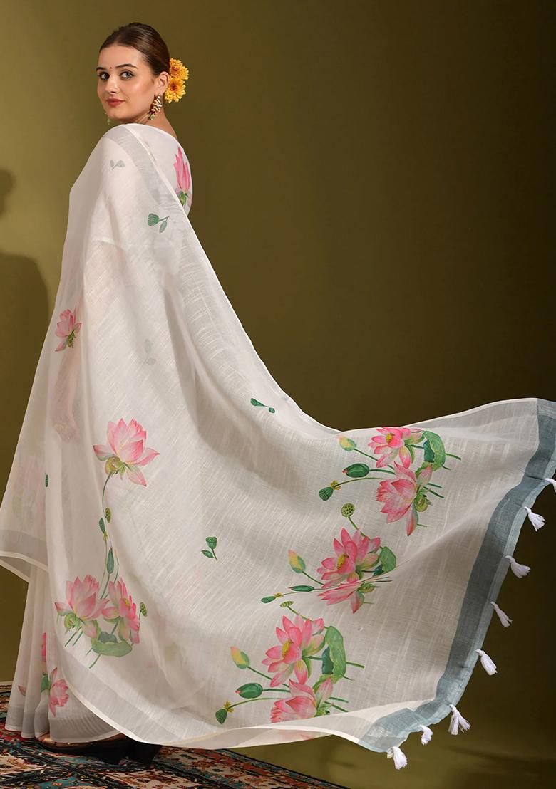 White Digital Print Linen Saree set