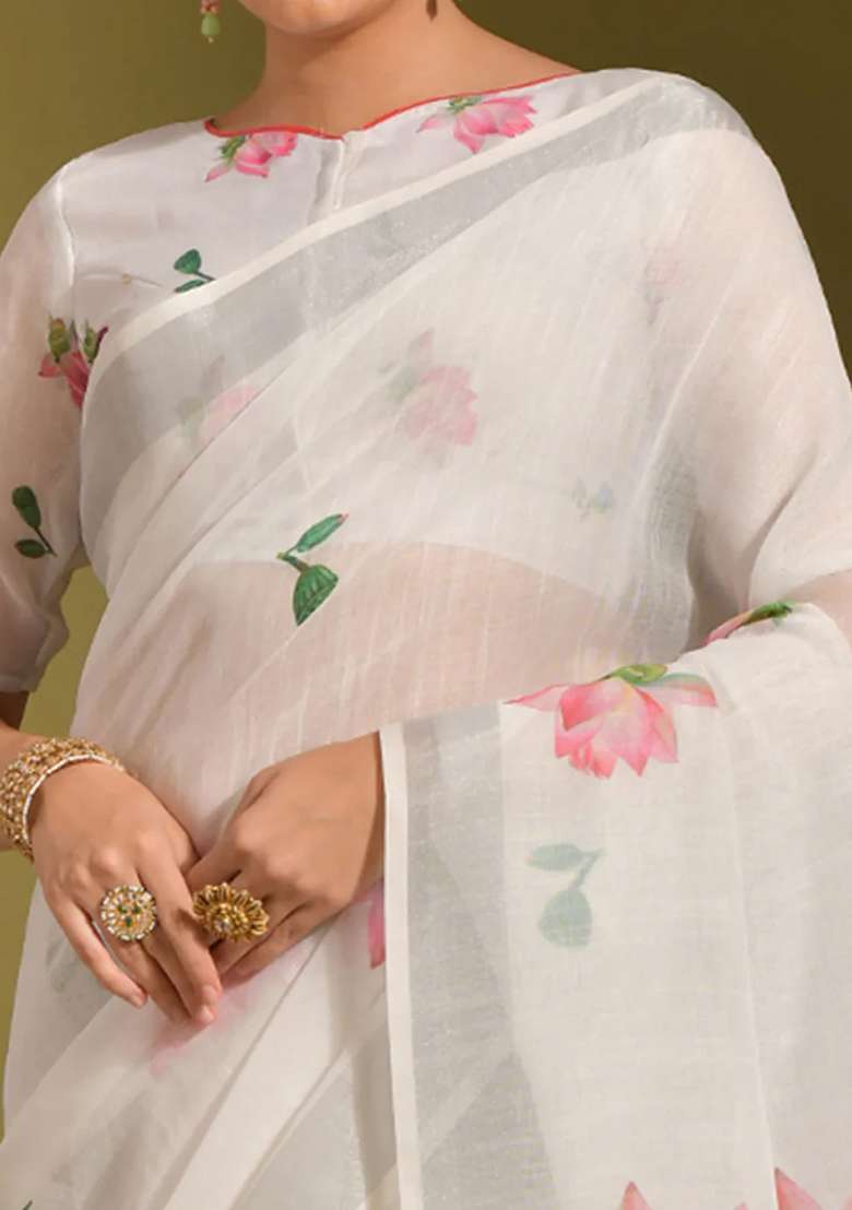 White Digital Print Linen Saree set for Diwali and Festive Wear - Indya