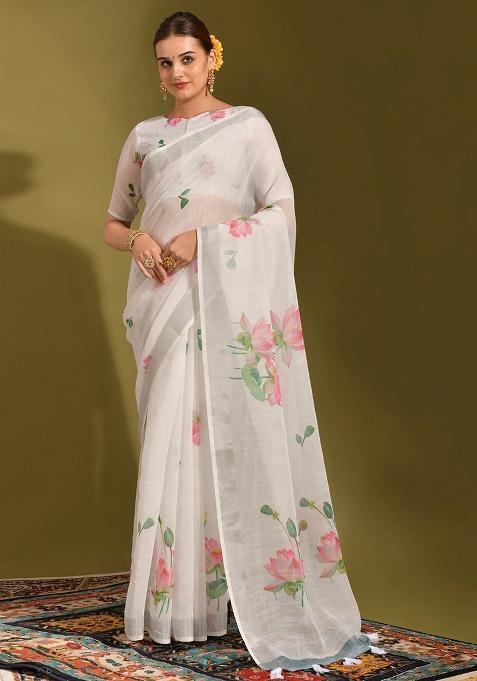White Digital Print Linen Saree set