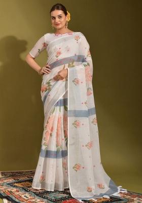 White Digital Print Linen Saree set