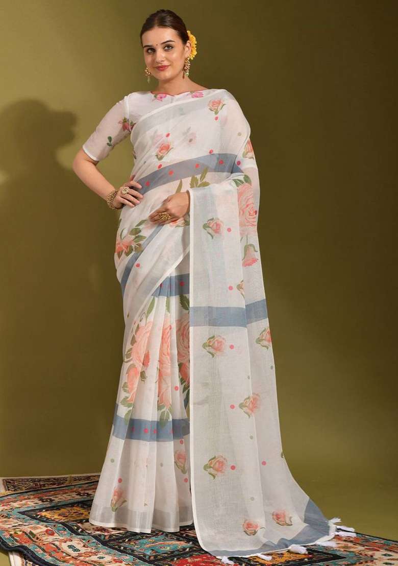 White Digital Print Linen Saree set for Diwali and Festive Wear - Indya