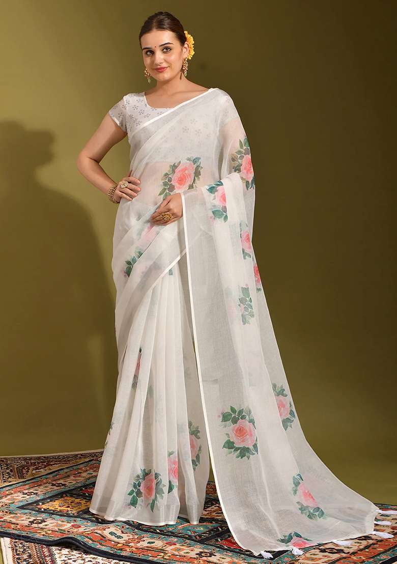 White Digital Print Linen Saree set for Diwali and Festive Wear - Indya