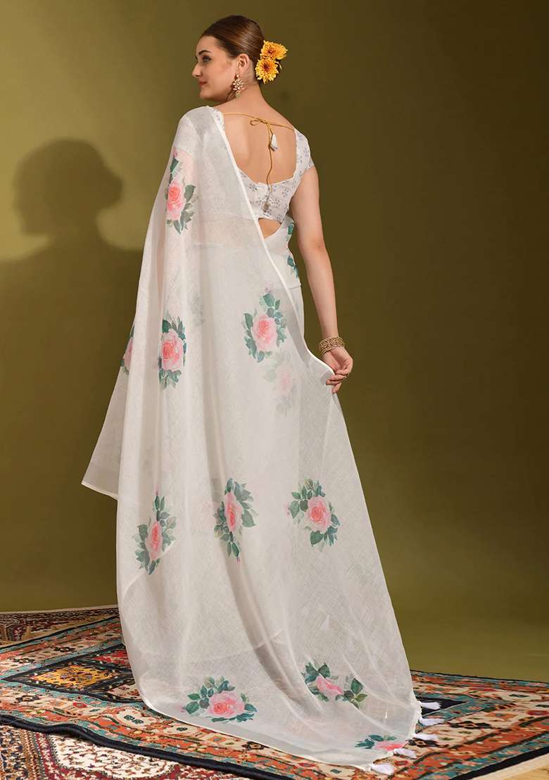 White Digital Print Linen Saree set for Diwali and Festive Wear - Indya
