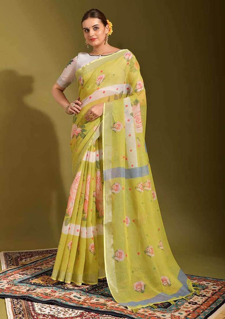 White Linen Saree set with Digital Print for Diwali | Wedding & Festive Wear - Indya