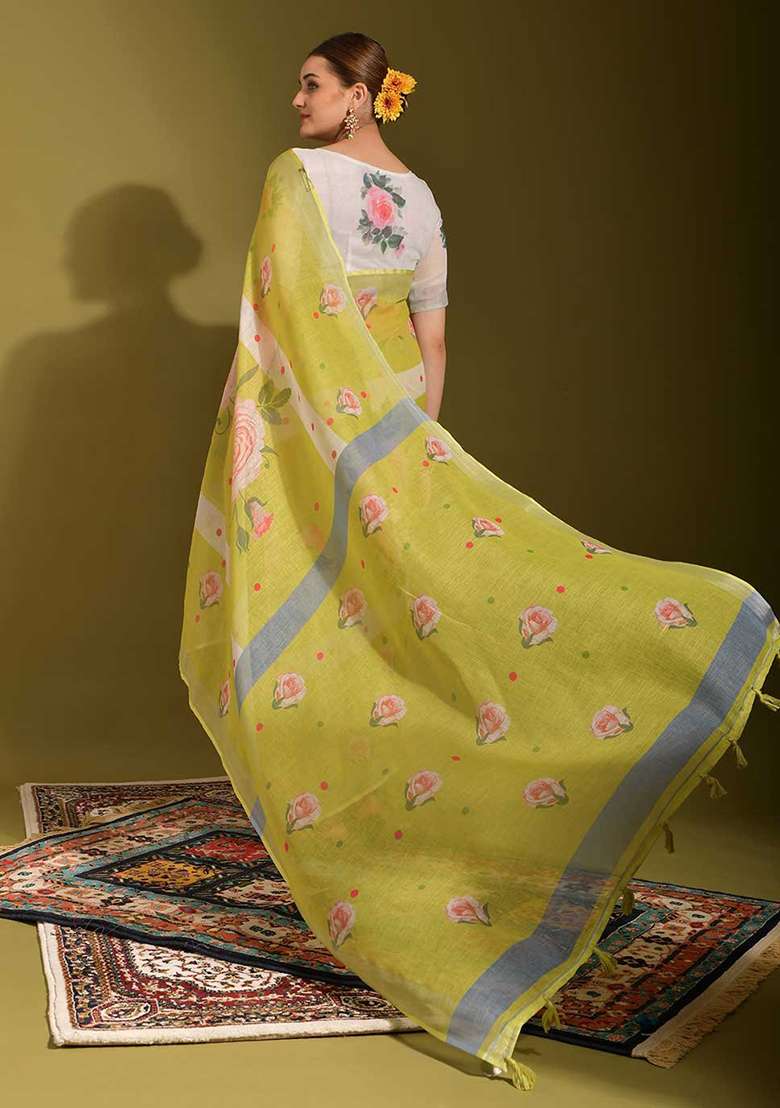 White Linen Saree set with Digital Print for Diwali | Wedding & Festive Wear - Indya