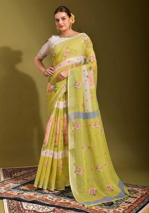 White Digital Print Linen Saree set