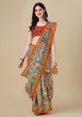Green Digital Print Linen Saree set
