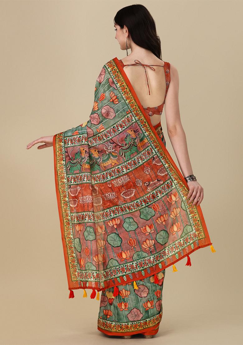 Green Digital Print Linen Saree set