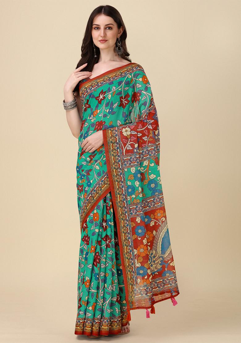 Teal Blue Digital Print Linen Saree set