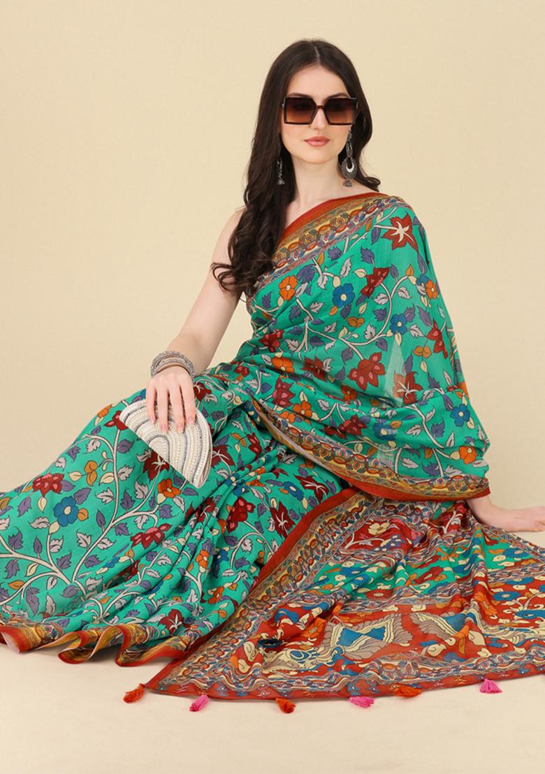 Teal Blue Digital Print Linen Saree set