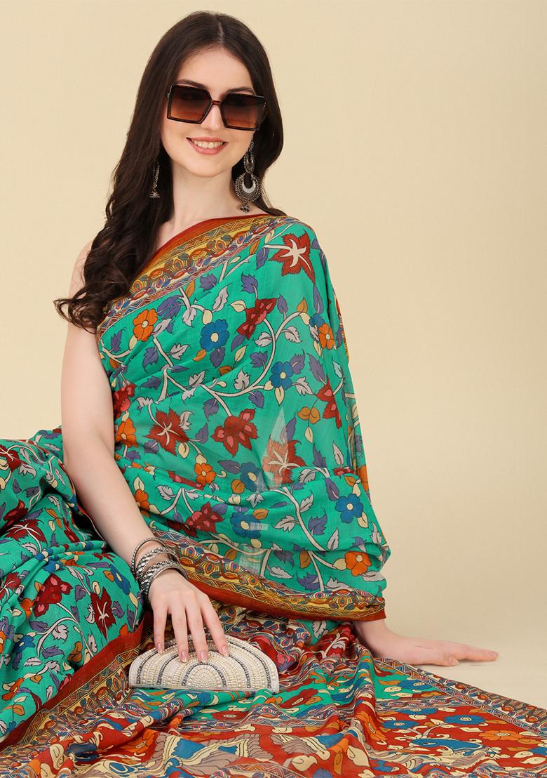 Teal Blue Digital Print Linen Saree set