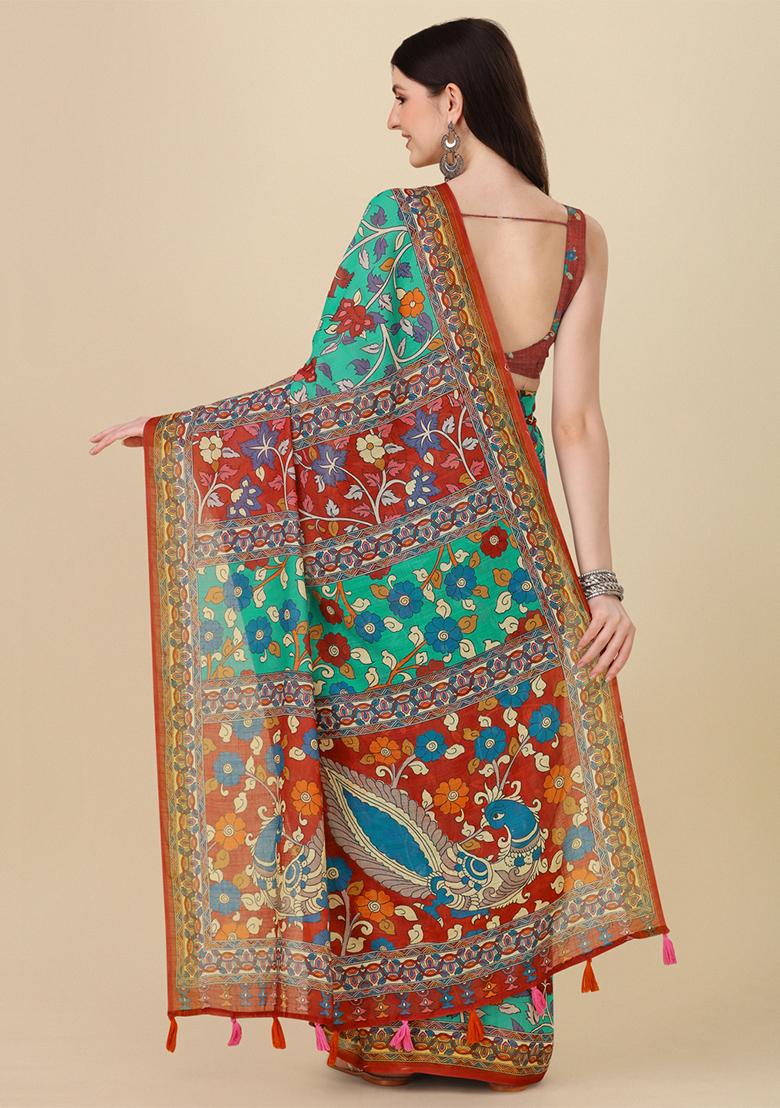 Teal Blue Digital Print Linen Saree set
