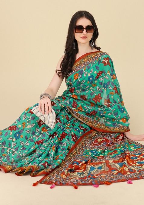 Teal Blue Digital Print Linen Saree set