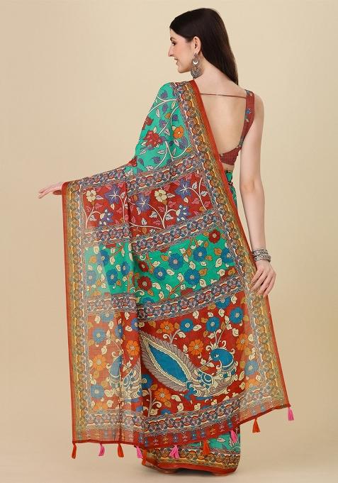 Teal Blue Digital Print Linen Saree set