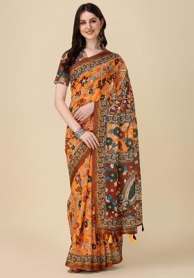 Orange Digital Print Linen Saree set