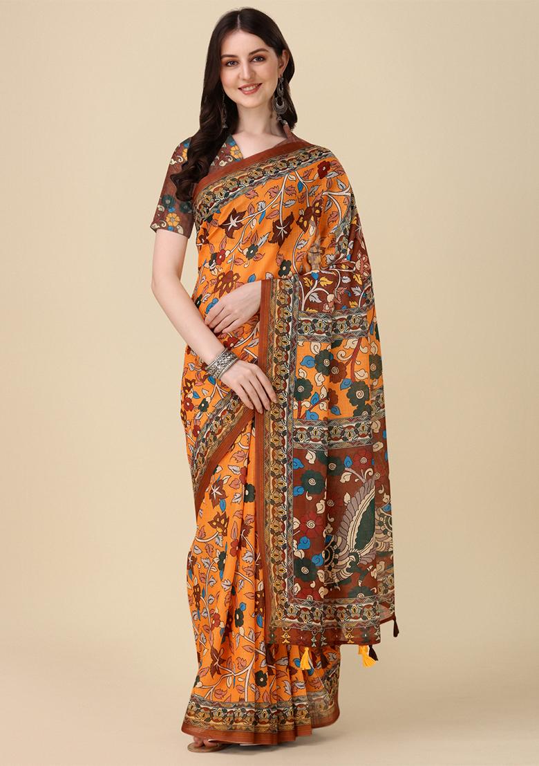 Orange Digital Print Linen Saree set