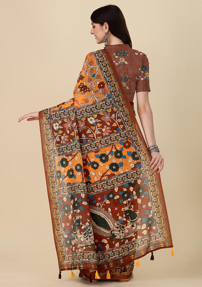 Orange Digital Print Linen Saree set