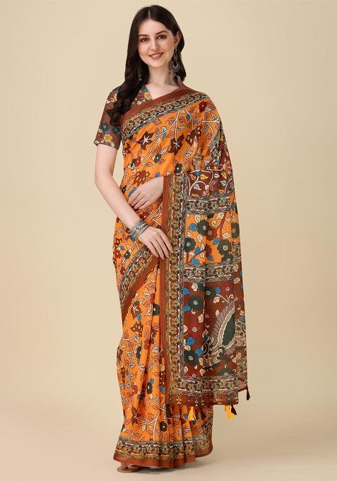Orange Digital Print Linen Saree set